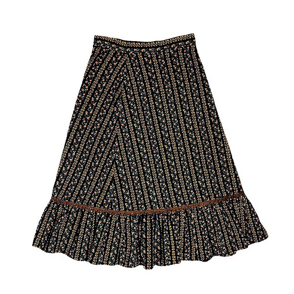 Vintage Dresses & Skirts - Vntg 70s Corduroy Floral Ruffle Hem Midi Skirt XS